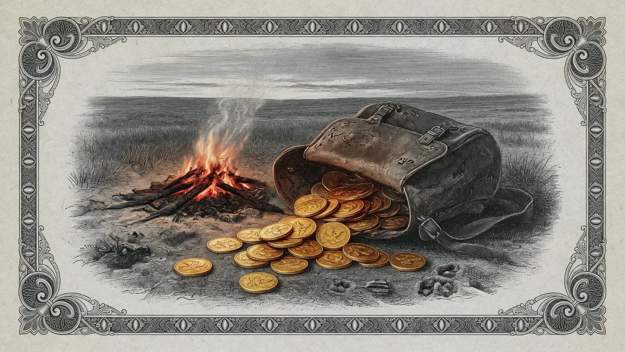 Saddlebag spilling gold coins by a campfire