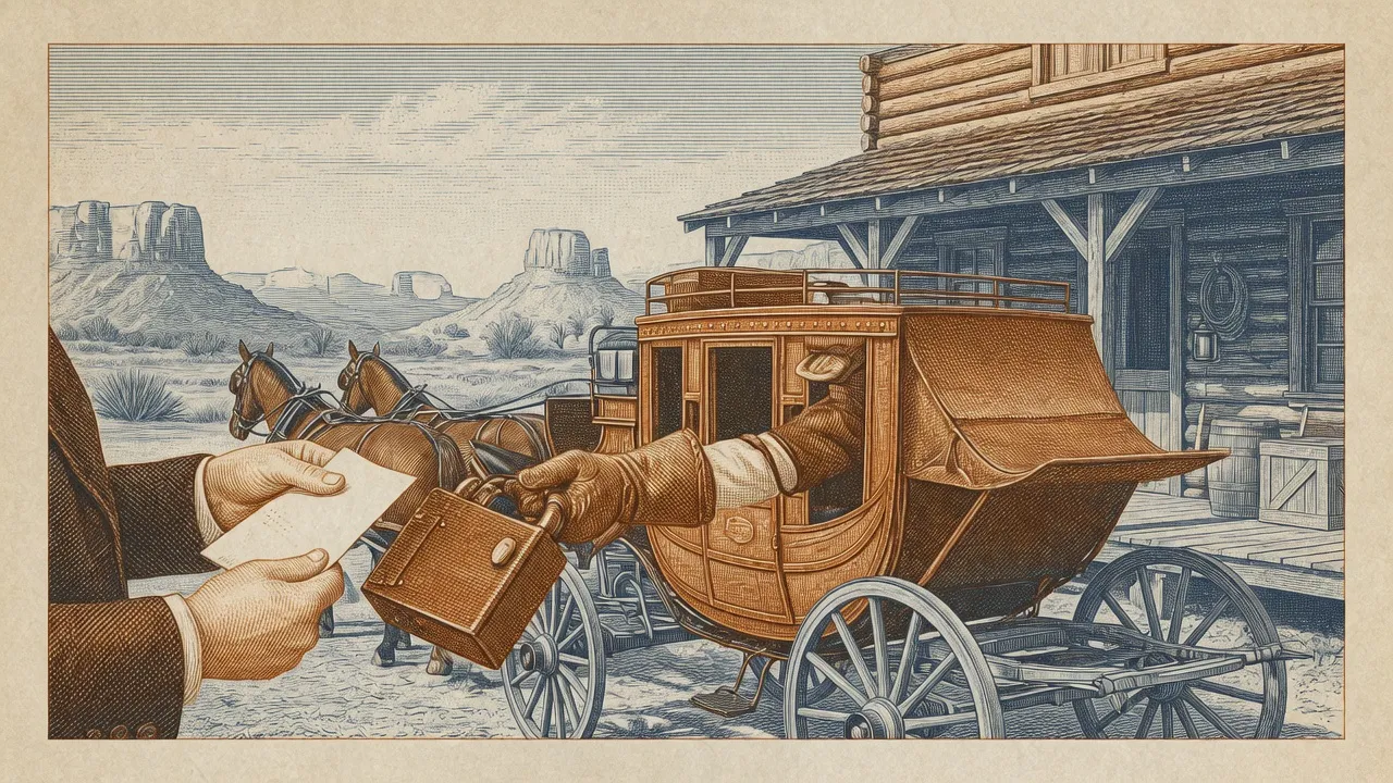 Stagecoach depot handing over a strongbox