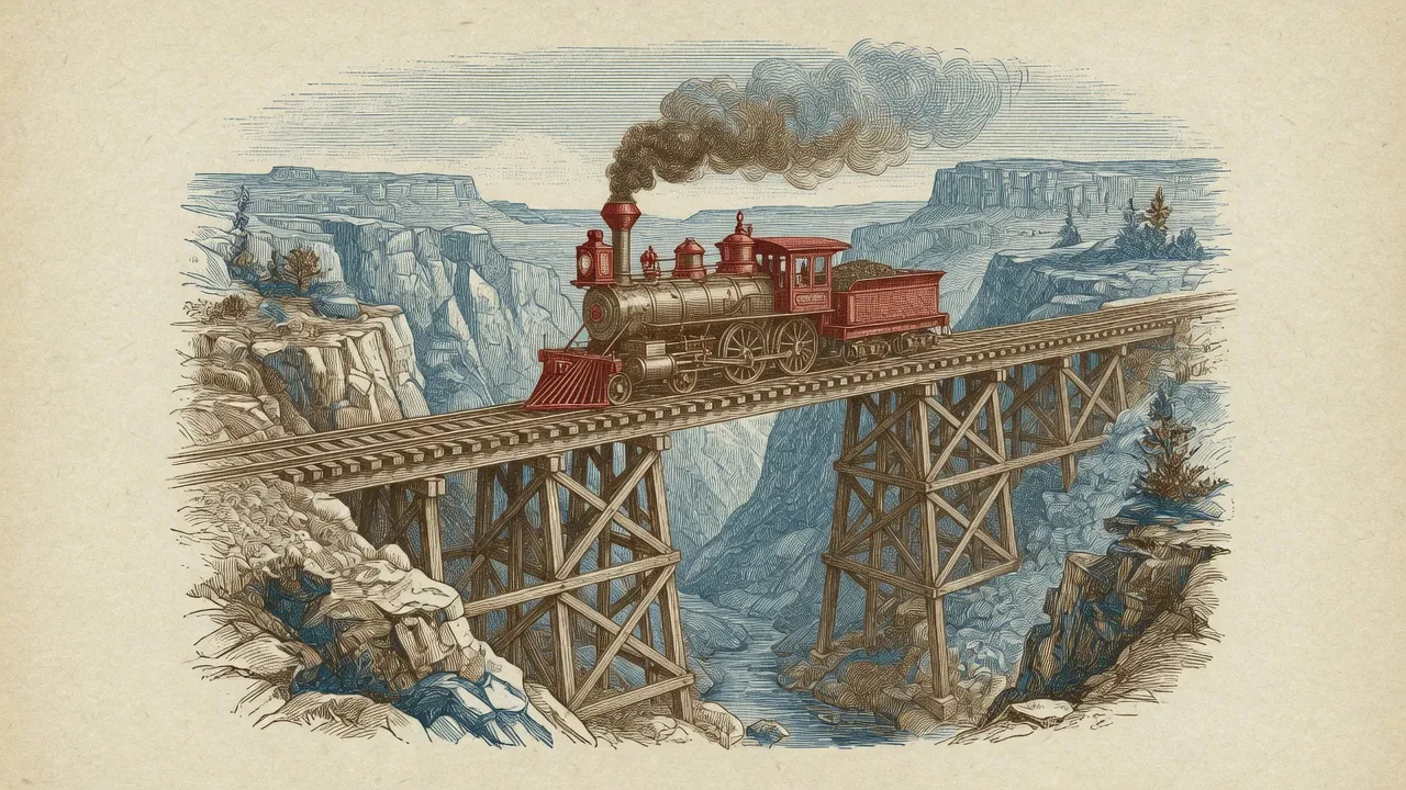 Steam train crossing a trestle bridge over a canyon